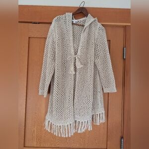 J Jill Crochet Knit Open Front Tie Cardigan Cover Up With Hood Cotton Blend XL